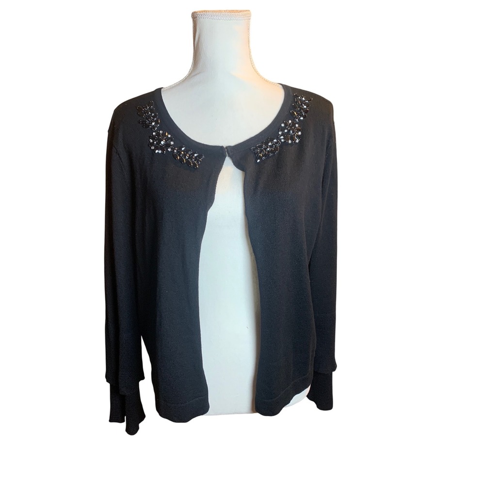 EST. 1946 Womens Black Beaded Neckline Cardigan Tiered Sleeve Sweater Preloved L